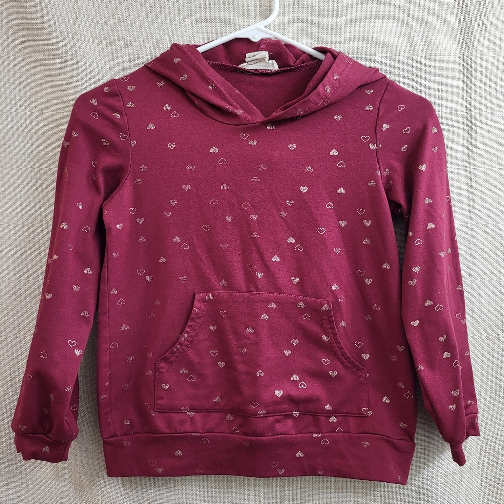 Long Sleeve Hoodie Pocket Burgandy Gold Heart Size 7/8 (S)‎